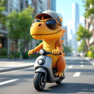 Primary subject: A cartoon dinosaur riding a motorcycle.

Setting/background: A city street with buildings in the background.

Visual style: Digital art.

Colors and mood: The dinosaur is yellow, and the scene has a playful and fun atmosphere.